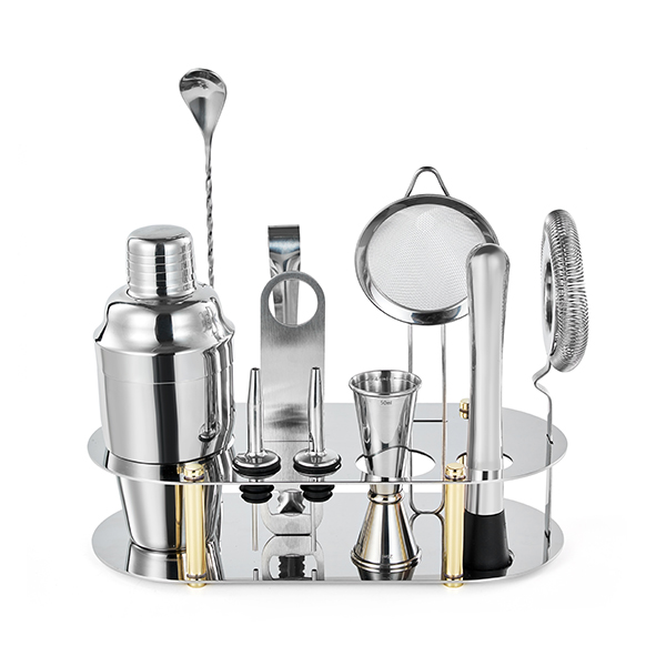 10 Biċċiet Stainless Steel Cocktail Set Bi Stand Rettangolu Arrotondat 3