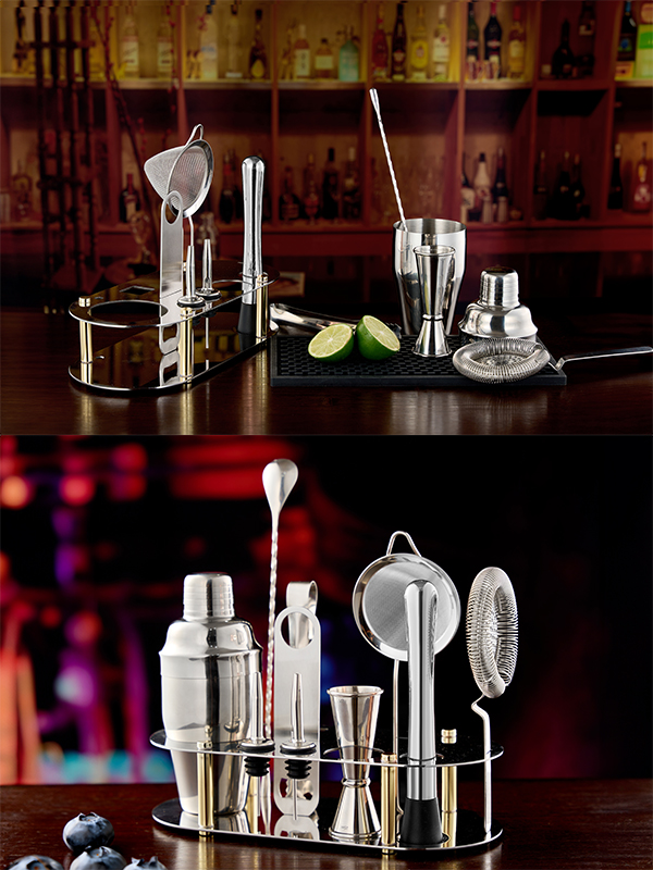 10 Biċċiet Stainless Steel Cocktail Set Bi Stand Rettangolu Arrotondat 4