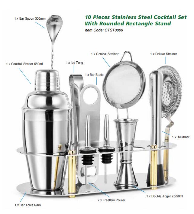 10 Pieces na Stainless Steel Cocktail Set na May Rounded Rectangle Stand 7