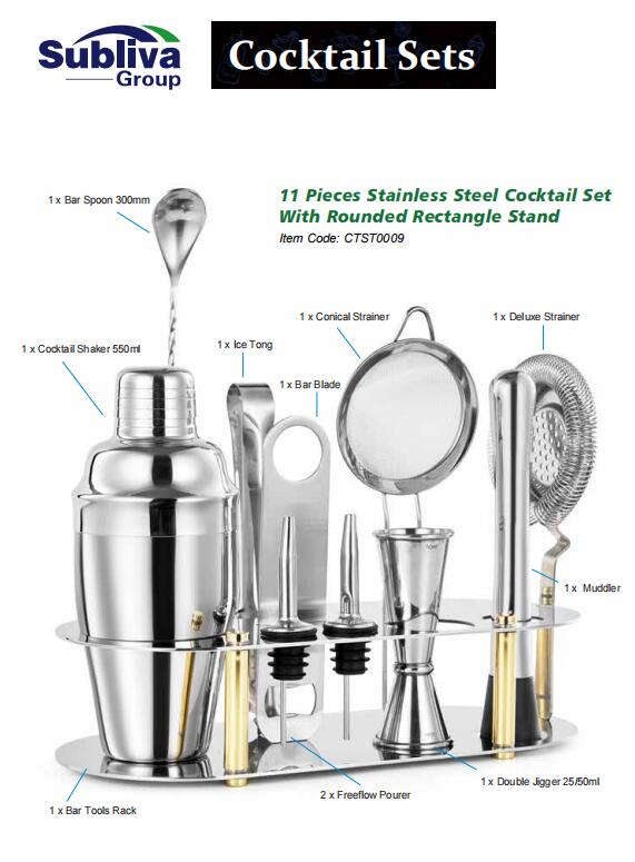 11-częściowy zestaw koktajlowy ze stali nierdzewnej z zaokrąglonym prostokątnym stojakiem 2