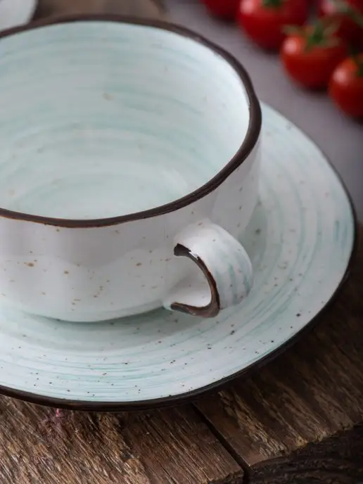 Faded Tree Rings Handled Soup Cup With Saucer 280ml - Turquoise