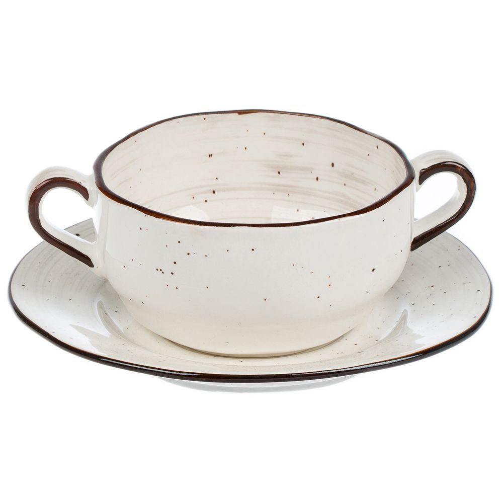 Faded Tree Rings Handled Soup Cup With Saucer 280ml - Brown