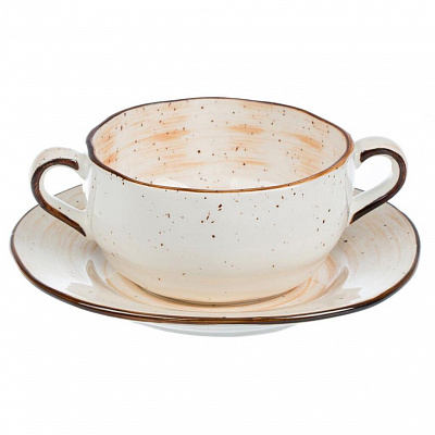 Faded Tree Rings Handled Soup Cup With Saucer 280ml - Orange