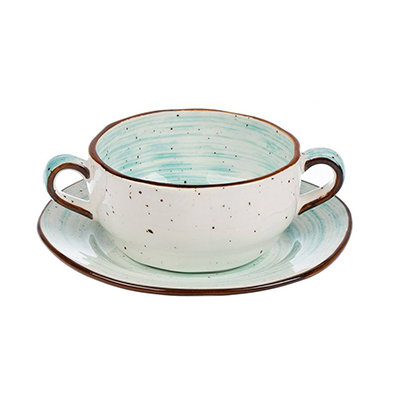 Faded Tree Rings Handled Soup Cup With Saucer 280ml - Turquoise