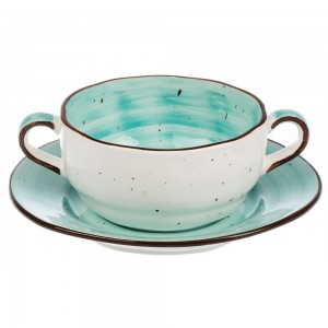 Tree Rings Handled Soup Cup With Saucer 280ml - Turquoise