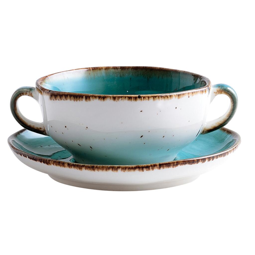 Tree Rings Handled Soup Cup With Saucer 300ml - Dark Turquoise